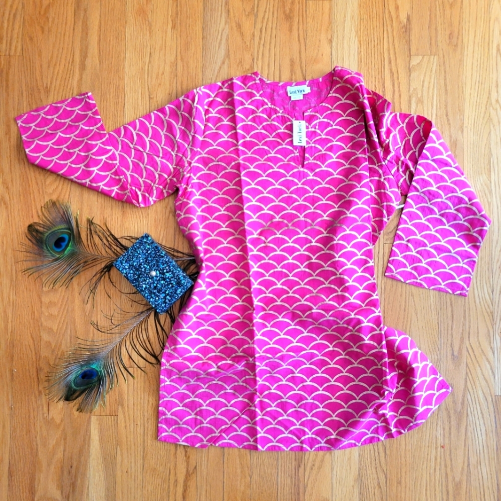 100% cotton lightweight tunic hot pink & gold cover-up Fits XL-XXL